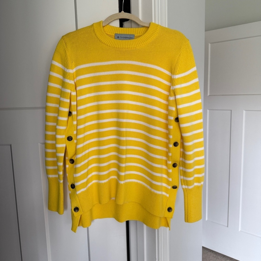 Tuckernuck Bar Harbor Yellow and‎ White Striped Sweater Buttons Crewneck